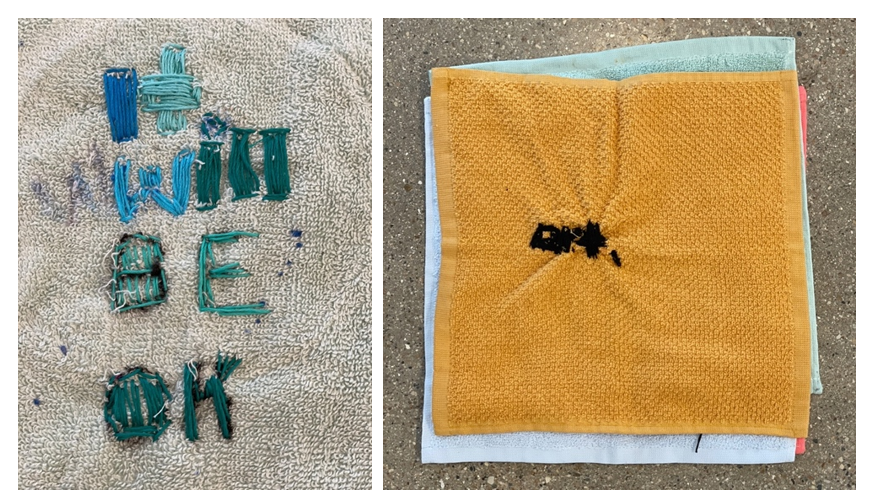 The first photo shows a white terrycloth washcloth with the words “It will be ok” embroidered with block letters in a mix of blues, greens, and some black. The second photo shows a stack of four terrycloth washcloths with orange on top and the word art with a period embroidered in tight letters. 