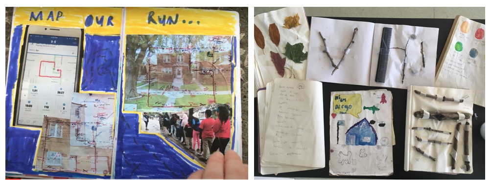 The first image depicts a page in the running club zine featuring maps, images of a building and a line of students, and overlays of distance calculations. The second image depicts pages from six running journals featuring leaves, sticks, a comb, and rocks; a color palette; notes; and images of animals.