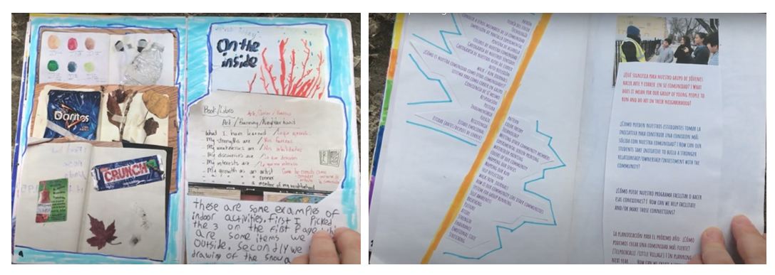 The first image shows a page from the running zine featuring found objects and notes in English and Spanish. The second image shows a page from the running zine featuring vocabulary and questions in English and Spanish, as well a picture of students speaking to a public worker.