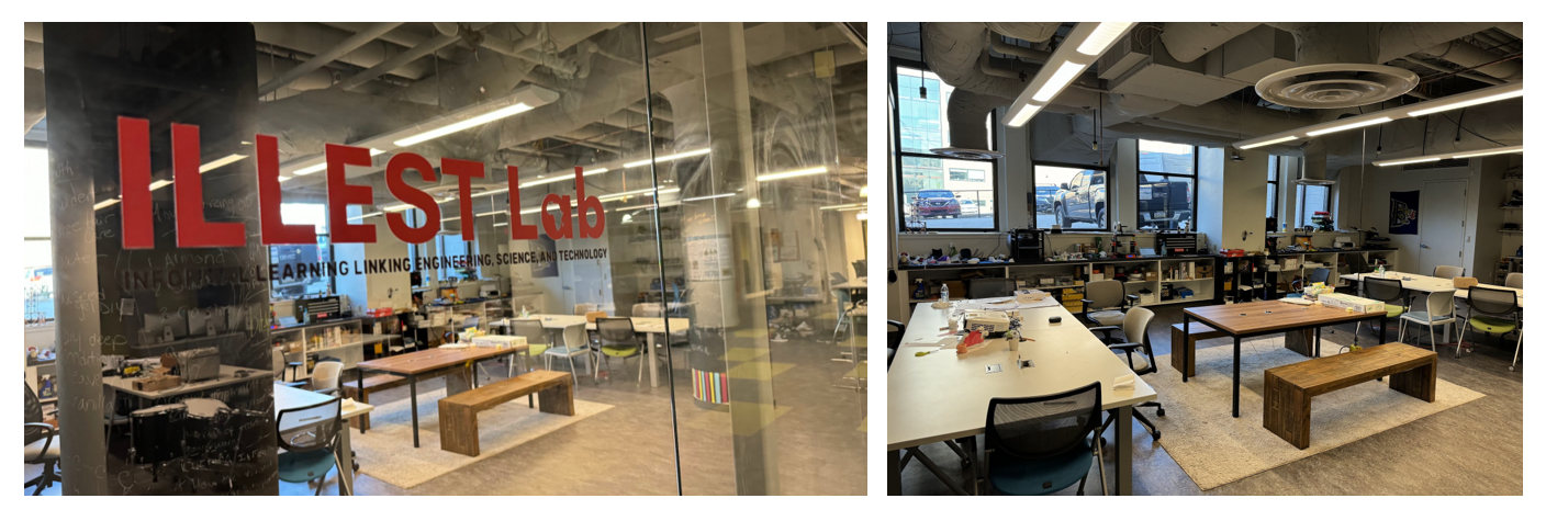 The first picture shows the outside of the ILLEST Lab. The second picture shows the inside of the ILLEST Lab with tables and chairs and STEM equipment for students to use. 