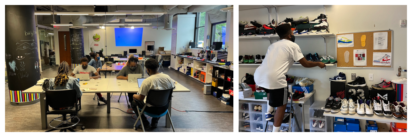 The first picture shows students working in ILLEST Lab. The second picture shows a student working on Sneaker wall in ILLEST Lab. 