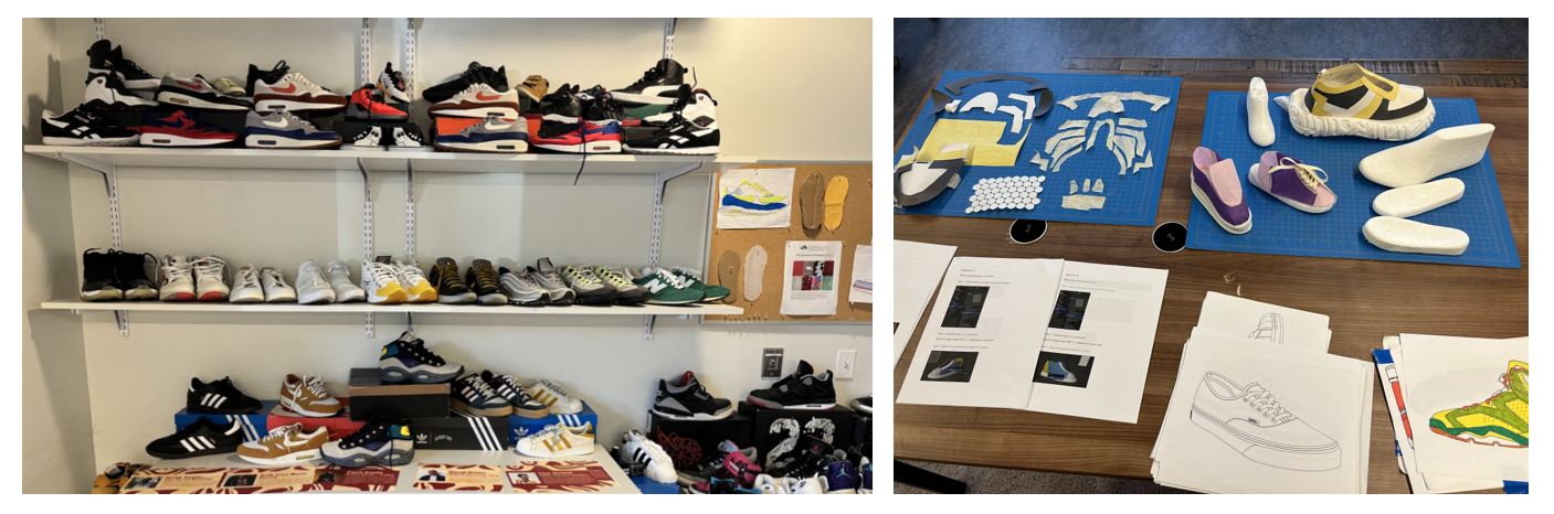 The first image shows sneakers on display on a wall. The second image shows some designs and prototypes of student led sneaker design.