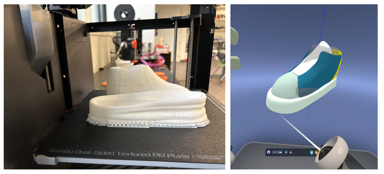 The first image shows the 3D printing parts of sneakers. The second image shows a 3D rendering of a sneaker design by a student.