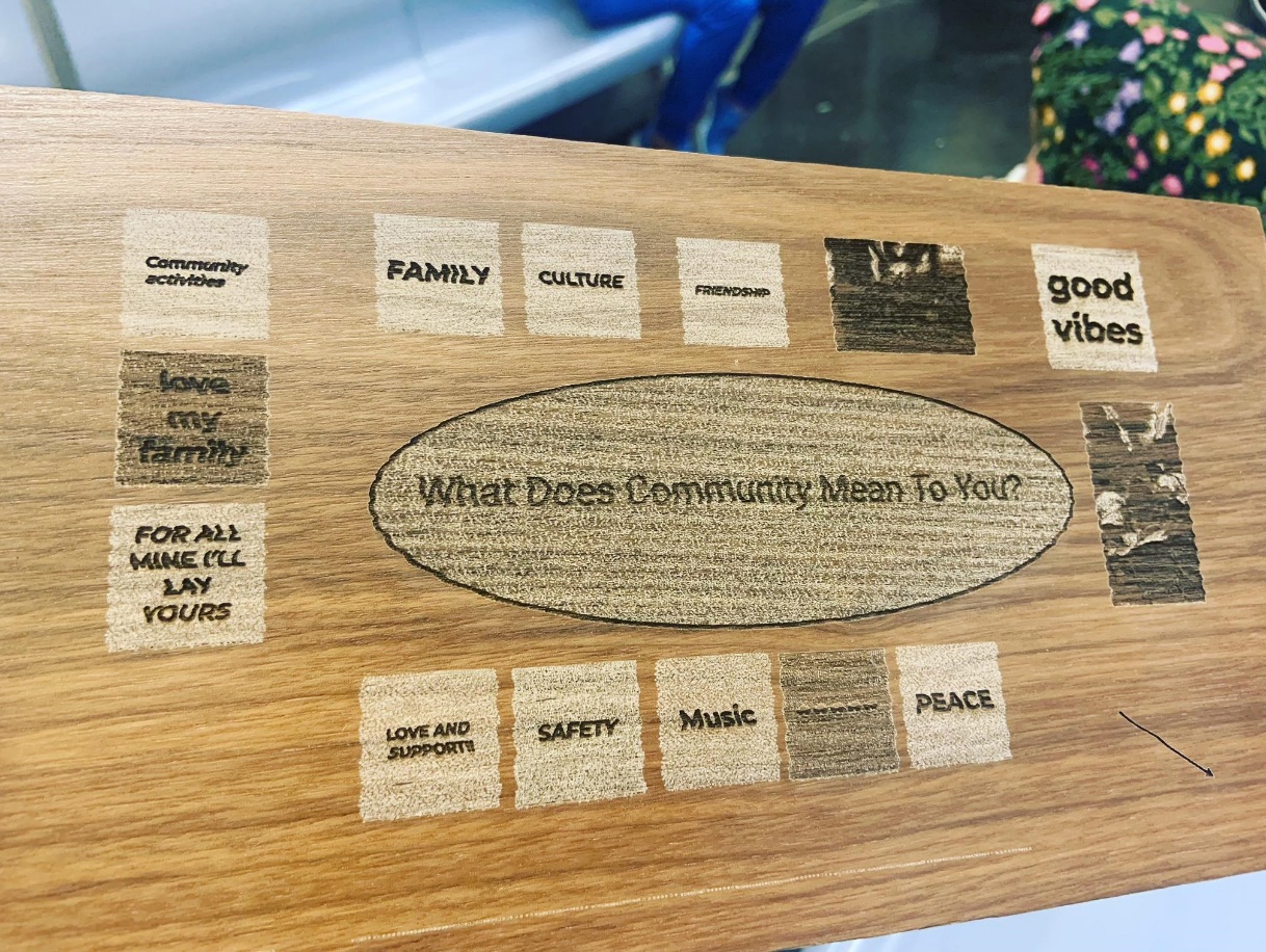 A wooden board with the words "What does community mean to you?" written in the center and students' answers written around the edges. Description automatically generated